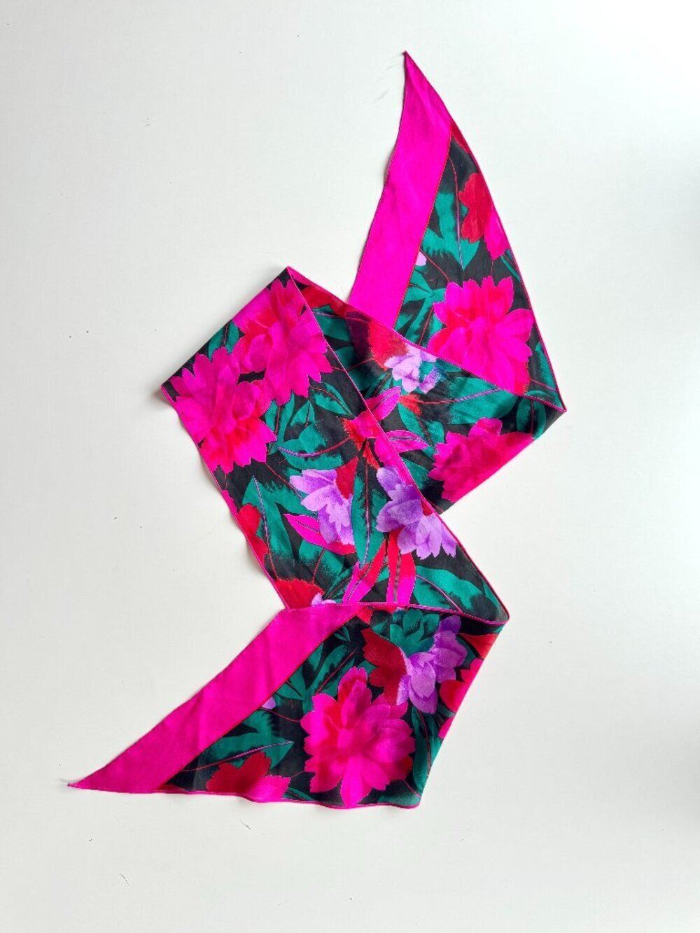 Vintage Unbranded Black Pink Purple Floral Silk Crepe 65" x 9" Skinny Scarf